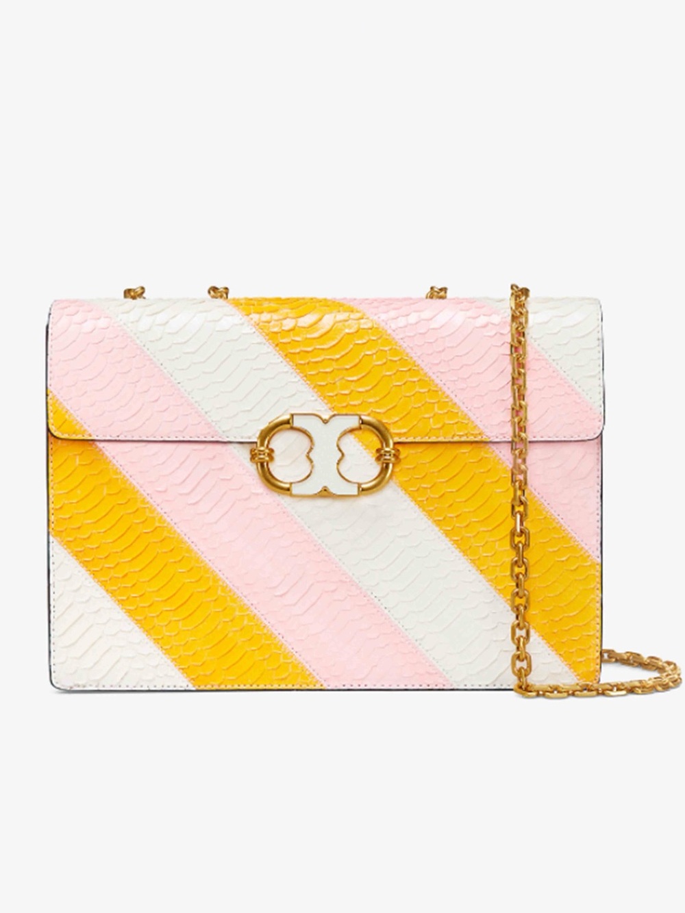 Tory Burch Pink Yellow White Diagonal Stripe Crossbody Bag